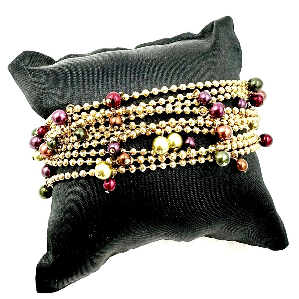 Joan Rivers Bracelet Gold Tone Ten Strand Faux Pearls & Beads Royal Jewel Tones